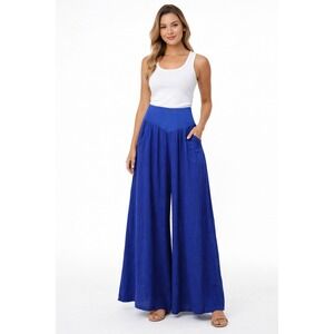 KAKTUS Linen Ultra Wide Leg Palazzo Pants Cobalt Blue Made in Italy Womens Sz S